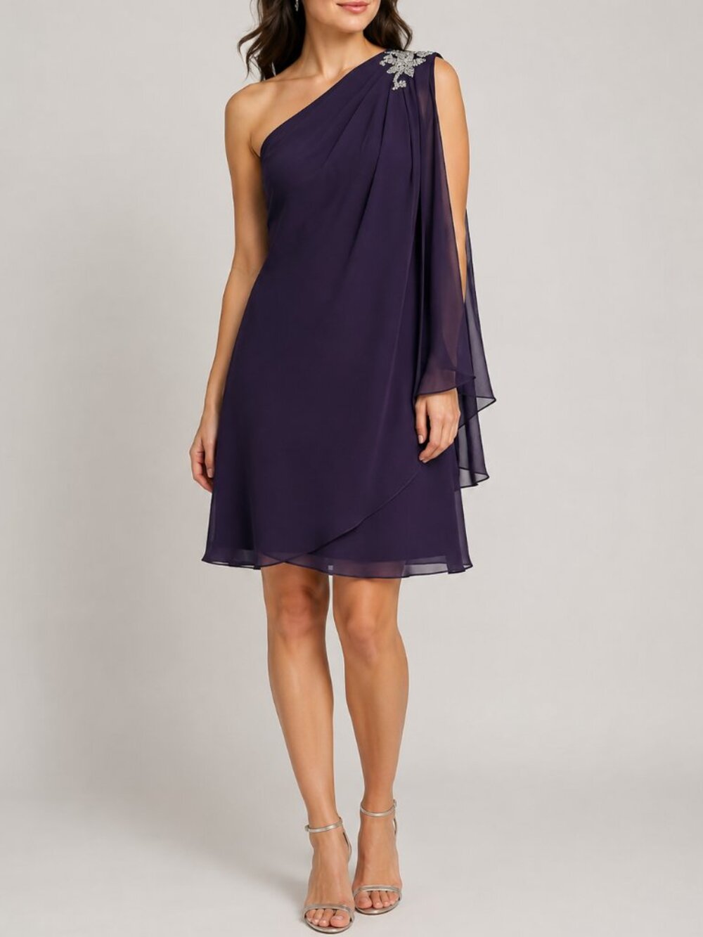 NWOT JS Boutique Purple Beaded One Shoulder Chiffon Cocktail Dress 6